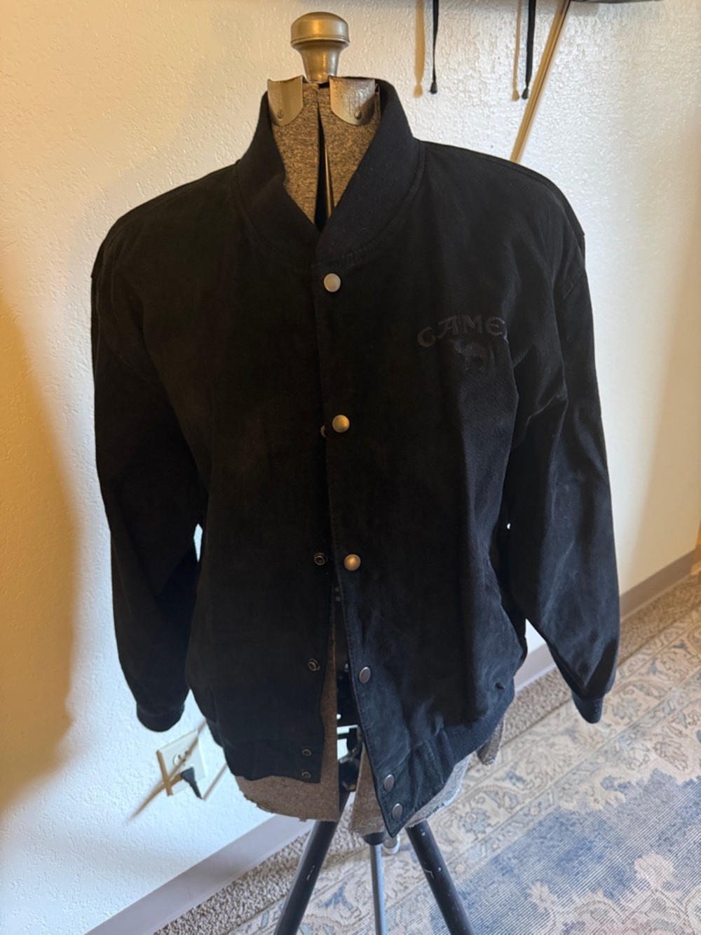 Black Suede Bomber Jacket with Embroidered Chest Logo